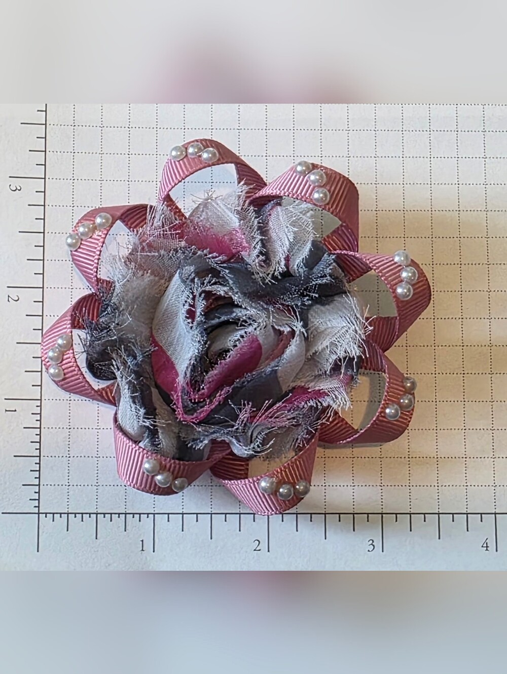 Frayed Fabric Flower Pin with Pink Ribbon and Pearl Accents